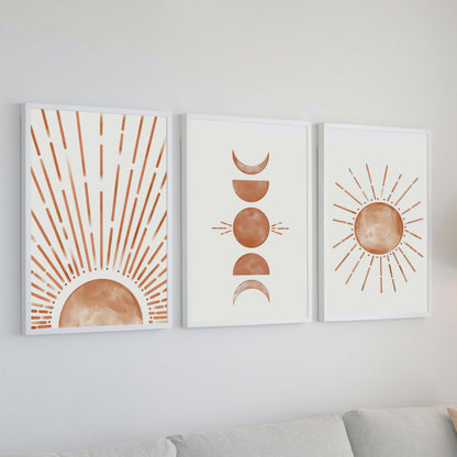 Set of 2 Boho Sun and Moon Crescent Burnt Orange Wall Art