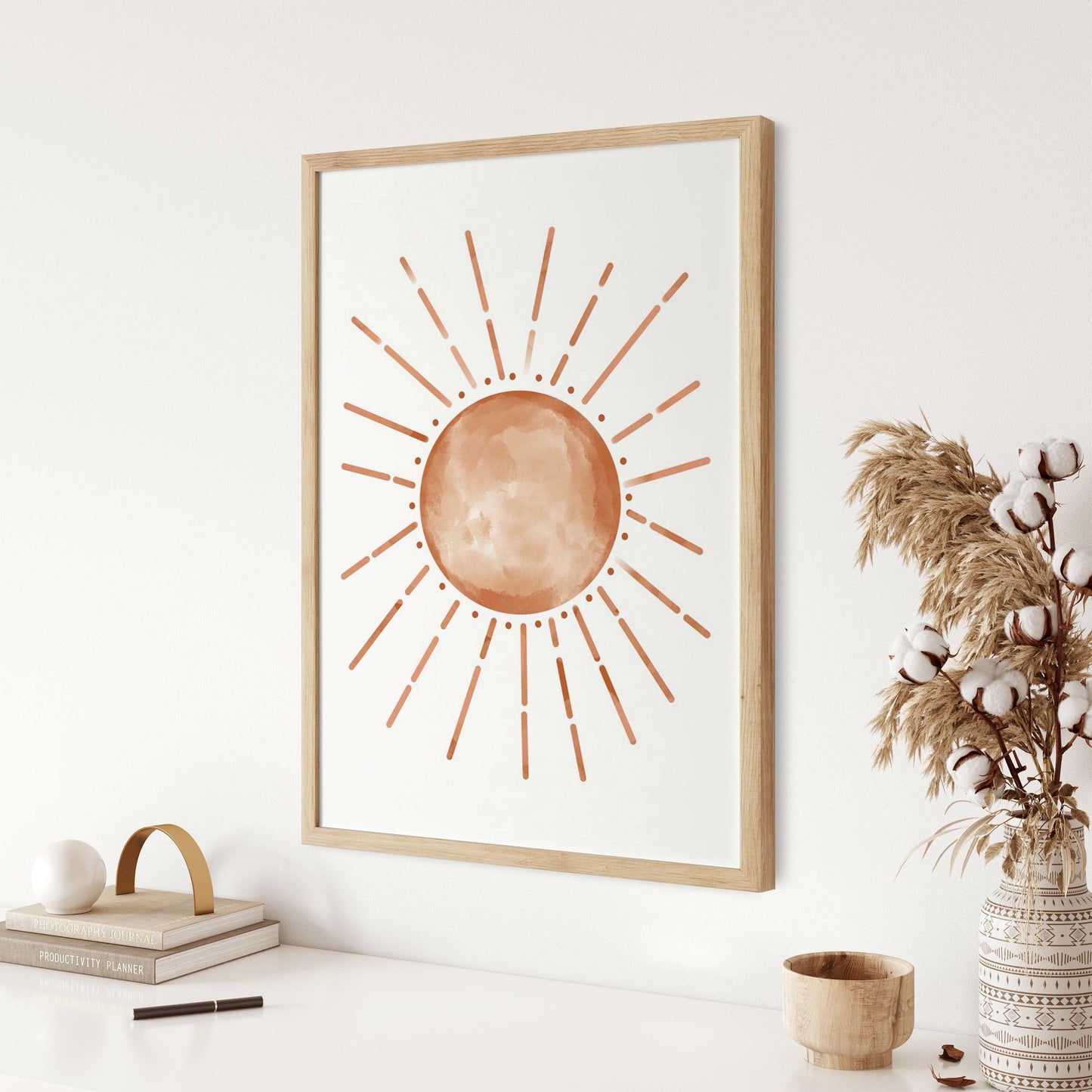 Single Boho Sun and Moon Crescent Burnt Orange Wall Art