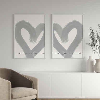 Set of 2 Sweet Dream Grey Heart Bedroom Wall Art