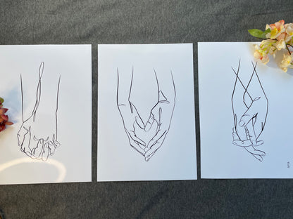 Set of 3 Holding Hands Line Art Wall Art