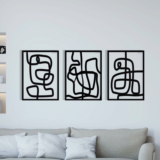 Set of 3 Abstract Monochrome Line Art Wall Art