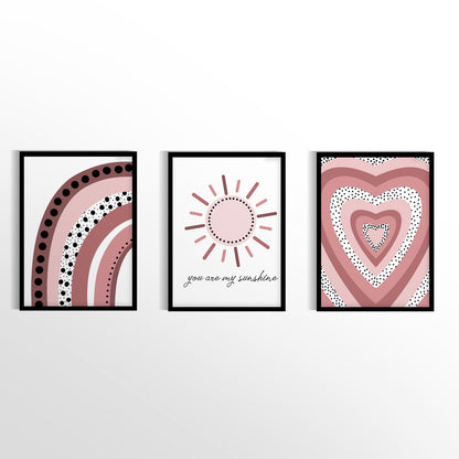 Girl Nursery Polka Dot and Rainbows Set of 3 Wall Art