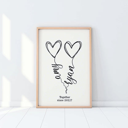 Custom Names Couple Squiggle Heart Wall Art